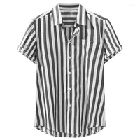 Men's Casual Shirts 2022 Men's Summer Short Sleeve Lapel Pocket Shirt Fashion Stripe