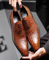 Mens Wedding Shoes Lace Up Oxford Genuine Leather Crocodile Print Party Business Brown Dress Shoes for Men6155620