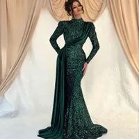 Green Mermaid Muslim Evening Night Dress for Women Dubai High Neck Sequin Long Sleeves Formal Prom Party Gowns Robe De Soiree 2023