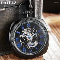 Pocket Watches Mechanical Watch Blue Roman Numeral Skeleton Fob Chain Vintage Square Black Hanging Waist Clock With Gift Box For Men