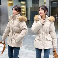 Women's Trench Coats 2022 Winter Fashion Short Big Fur Collar Hooded Long-Sleeved Casual Tooling Warm Cotton Coat Women's Jacket Trend
