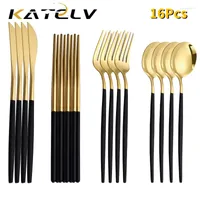 Dinnerware Sets 16 Pcs Black Gold Cutlery Set Chopsticks Knife Fork Spoon Golden Stainless Steel Korean Portuguese Tableware
