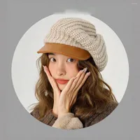 Berets Vintage Yarn Octagon For Women Crochet Soft Painter Cap Slouchy Knit Beret With Leather Brim Winter Everyday Warm Hat