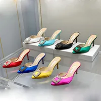 latest fashion Scuffs head slippers Rhinestone square buckle shoes women's 7cm thin high heels Luxury Satin crystal metal decorative ma' hhN