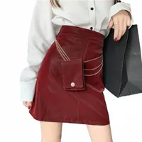 women Leather PU Skirt Casual Metal Chain Small Packet High Waist Short Skirts Vintage Ladies A Line Bodycon Mini Saias Q9nH#