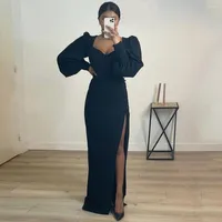 Party Dresses Black Prom Dress 2022 Long Puff Sleeves Sheath V Neck Sexy Evening Backless Side Slit Buttons Floor Length