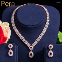 Necklace Earrings Set Pera CZ Classic Cubic Zirconia Gold Color Nigerian Wedding African Costume Big Statement Jewelry With Red Crystal