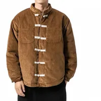 ethnic Clothing Large Size Brown Chinese Style Cotton Padded Jackets Mens Pink Buckle Corduroy Coats Japanese Streetwear Fashion 50Bh#