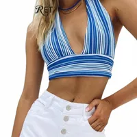 sexy Deep V Neck Striped Bustier Tank Top Women 2021 Summer Festival Clothes Backelss Lace Up Y2K Crop Women's Tanks & Camis W6Jx#