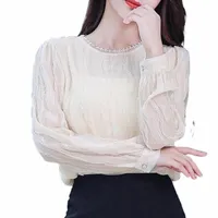 autumn Office Lady Mesh Long Sleeve Women Blouse Korean Elegant Chiffon Lace Shirt Solid Pullover Female Tops 10932 Women's Blouses & Shirts p3Ew#