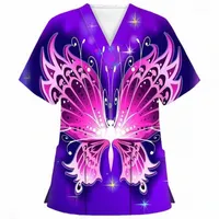 women's T-Shirt Unisex V-neck Scrubs Tops Experimenter Tees Butterfly Print Pet Grooming Institutions Uniform Beauty Salon Work Clothes H3PM#