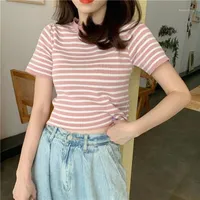 women's T-Shirt Summer Harajuku Striped Tshirt Casual O Neck Short Sleeve Slim Knitted Female Tops Women Clothing h80w#