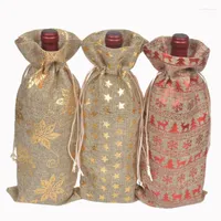 Gift Wrap 5pcs Christmas Wine Bottle Bag Elk Stars Flowers Gilt Cover Burlap Red Xmas Ornament Table Decor
