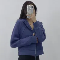 Yoga Outfits LU-98 Women Brushed Full Zip Hoodie Jacket Sportswear Hooded Workout Track Running Coat with Pockets Outdoor Fleeces Thumb Holes