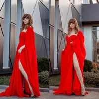 Party Dresses Sexy Red Pleats Prom Dress With Cape High Side Split Formal Evening Gowns Maternity For Po Shoot Robe