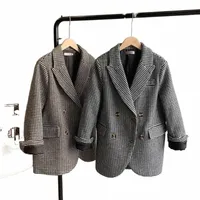 autumn Winter Vintage Plaid Blazer Women's Long Sleeve Double Breasted Loose Suit Coat Office Lady Suits & Blazers A6Xw#