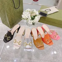 High Heels Sandals Slides Pumps Designer Women Fashion Square Toe Slippers Horsebit Gold- Toned Party Wedding With Box MOh