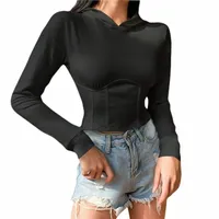 women's Long Sleeve Sportswear Solid Color Defined Waist Hooded Slim Crop Top Pullover For Spring Autumn Hoodies Sweatshirts & P4s3#