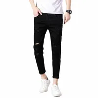 men Ripped Jean Slim Thin Black Spring Summer Stretch Holes Male Designer Denim Ankle-Length Pants Skinny Sexy Trousers Men's Jeans W3ES#