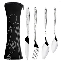 Dinnerware Sets 5pcs Picnic Stainless Steel Camping Portable Cutlery Set Hiking Family Spoon Fork Travel With Case Tableware