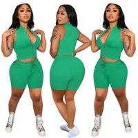 여자 트랙 슈트 트랙 슈트 캐주얼 조깅복 패션 섹시한 녹색 지퍼 카디건 조끼 2 피스 여성 의류 반바지 세트 스포티 한 의상