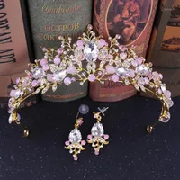 Hair Clips & Barrettes Gold Wedding Crown Bridal Tiaras With Earrings Pink Purple Headband For Women And Girls Pink1216h