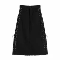 black Mall Goth Bandage Denim Skirts Women Indie Aesthetic Back Split Midi Long Jeans Streetwear Punk Lace Up Skirt 40X9#