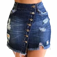 summer Sexy Hole Denim Skirts Women Casual Irregular High Waist Skirt Mini Single Button Pockets Blue Jean Bandage m0uD#