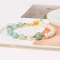 Strand Natural Freshwater Baroque Pearl Bracelets Bangles 8mm Round Faceted Amazonite Agates Beads Charm Bracelet Women Lucky Jewelry