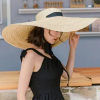 2019 Women Natural Raffia Straw Hat Ribbon Tie 15cm Brim Hat Derby Beach Sun Hat Cap Summer Wide Brim UV Protect Hats Female2097