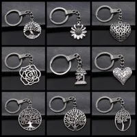 20 Options Fashion Men 30mm Keychain Tree DIY Metal Alloy Holder Chain Vintage Heart Flower Rose Sunflower Tree Pendant Keyring