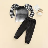 Clothing Sets 2-7Y Fashion Autumn Kids Girls 2pcs Clothes Plaid Printed Off Shoulder Puff Sleeve T Shirts PU Leather Pants
