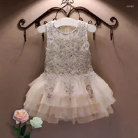 Girl Dresses Summer Lace Vest Dress Baby Princess 3-7 Age Children Clothes Kids Party Costume Ball Gown Beige
