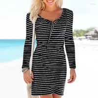 Casual Dresses 2022 Spring And Autumn Women's Striped V-neck Tied Rope Long-sleeved Dress