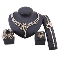Fashion Dubai Gold Color Jewelry Flower Crystal Necklace Bracelet Ring Earring Women Italian Bridal Accessories Jewelry Set2349