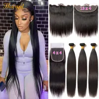 Human Hair Bulks Straight Bundles Weave With Frontal Extension 13x4 Ear To Lace Brazilian 4x4 Closure