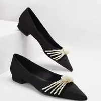 Dress Shoes Pointed pearl single shoe women's small fragrance lady's fashion splicing pointed suede shallow mouth high-heeled flat sole