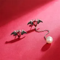 Dangle Earrings COCOM S925 Silver Women Bat Red Austrian Crystals Pearl Halloween Party Jewelry Gift Gothic Accessories