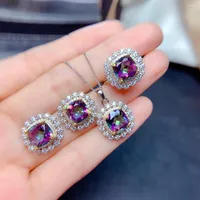 Necklace Earrings Set Seven-Colors Charm Purple Crystal Silver Color Jewelry For Women Blue Zircon Stone Earring Pendant Ring