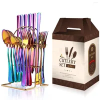 Dinnerware Sets Matte Black Gold Silverware Set 24 Pieces Tableware Cutlery Knives Forks Spoons Teaspoon With Gift Box Dishwasher Safe