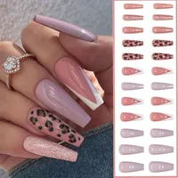False Nails 24pcs Press On Full Cover Simple Leopard Pink Purple Coffin French Fake Long Ballerina