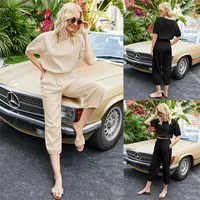 Women's Two Piece Pants Casual Women's Set Solid Homewear Short Sleeve Crop Top And Elastic Seven Point Pant Suit Loose Female Beach