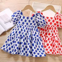 Girl Dresses Girls Dress Summer Wide A Version Puff Sleeve Bright Color Flowers Print Sweet Princess Baby Kids Children'S Clothing
