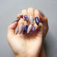 False Nails 24Pcs Box Fake Press On Long Stiletto Almond Galaxy Patterns Nail Tips Artificial Finger Manicure For Women