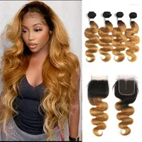 Human Hair Bulks 4PCS Ombre Blonde 1B 27 Bundles With Closure 4x4 Brazilian Body Wave Weave Remy SOKU