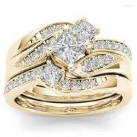 Wedding Rings Classic Princess 3Pcs Set Charm Rose Gold Zircon Engagement Ring Anniversary Gift Bridal For Women Fashion JewelryWedding
