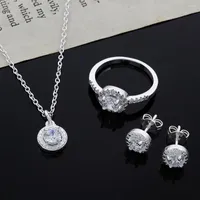 Necklace Earrings Set Cute Solid Christmas Gift Noble Silver Fashion Elegant Women Shiny Crystal CZ Earring Ring Color Jewelry CS01