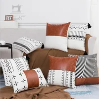 Pillow Cotton Canvas PU Pieced Cover Black White Geometric Home Decorative PillowCase PillowSham 45x45cm 30x50cm