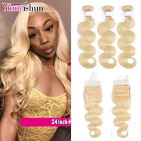 Human Hair Bulks 613 Bundles With Closure Honey Blonde Colored HD Lace Body Wave Extensions Pre-plucked Yimeishun