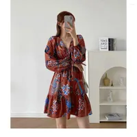 Casual Dresses 2022 Autumn Woman V Neck Raglan Sleeve Long Dress Sweet Multicolor Floral Tighten The Cuffs Bow Street Girl Style